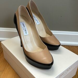 Jimmy Choo 38.5 calf/patent nude black stiletto. Only worn once indoors.